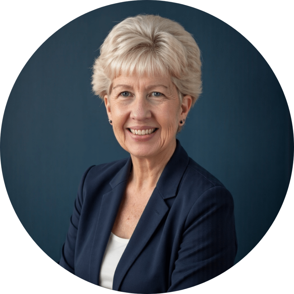 A smiling older woman with short blond hair, wearing a navy blazer and white top, poses in front of a dark blue background, embodying the warmth and professionalism found in quality care home health services.