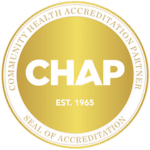 Gold circular seal with "CHAP" in large white letters at the center, "EST. 1965" below, and "Community Health Accreditation Partner Seal of Accreditation" around the outer edge.